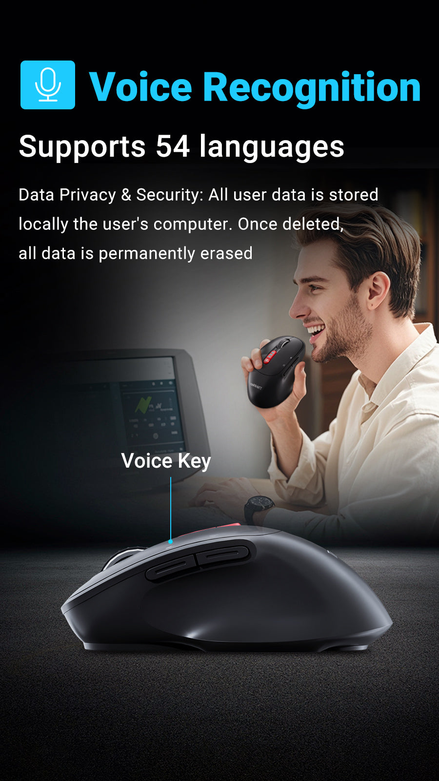Ratón inalámbrico Thinkkeen AI - Acciones por voz, Bluetooth, Multidispositivo, DPI ajustable