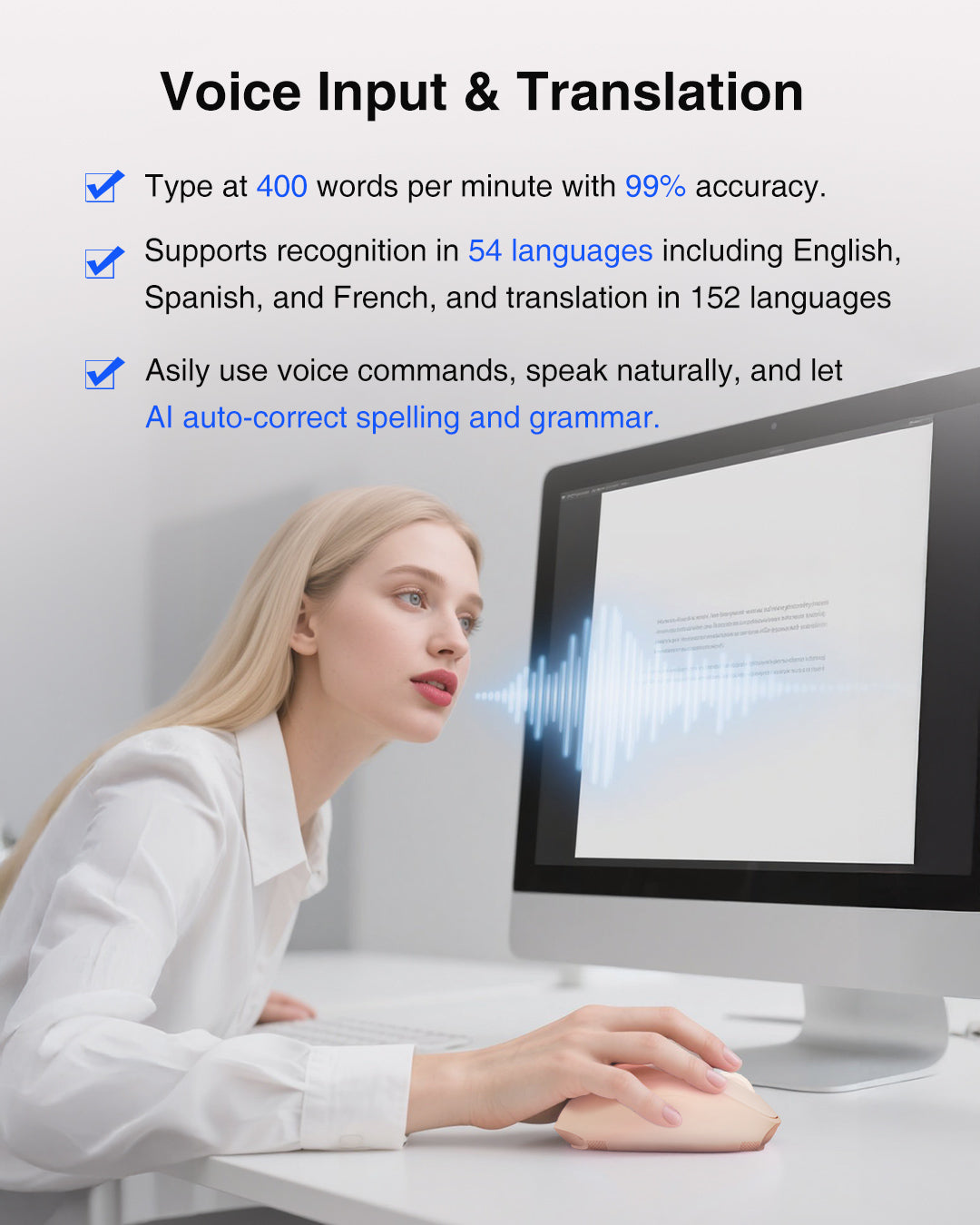 PINK | AI-Powered Productivity Mouse — 54-Language Voice Support with Quick OCR